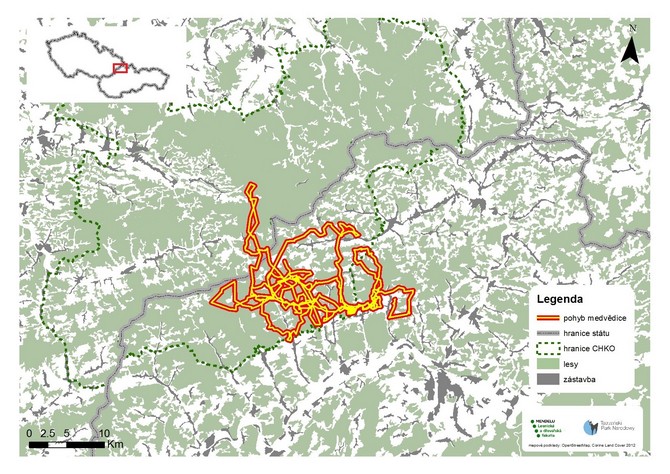 Map of the route taken by the bear Ema over the summer