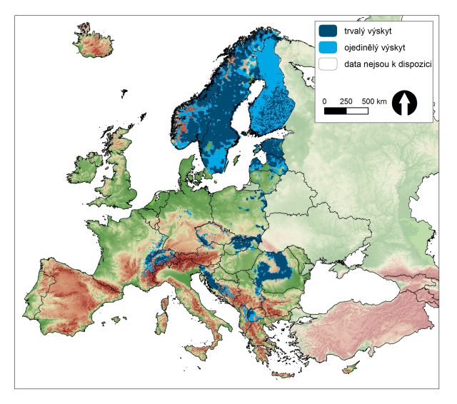 Současné rozšíření rysa v Evropě (LCIE, Kaczensky et al. 2013)