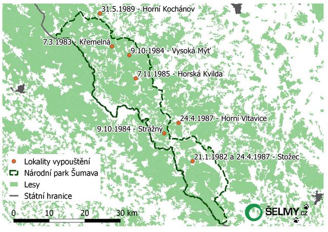 Mapa ukazující místa vypouštění rysů na české straně Šumavy. Zdroj: šelmy.cz Mapa ukazující místa vypouštění rysů na české straně Šumavy. Zdroj: šelmy.cz
