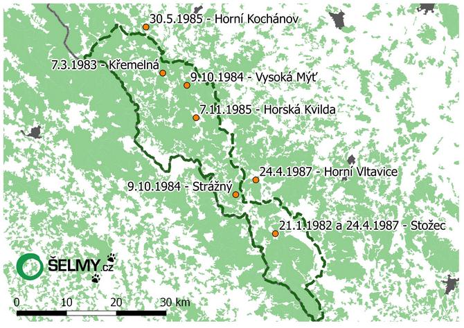 Map of release sites in the Bohemian Forest
