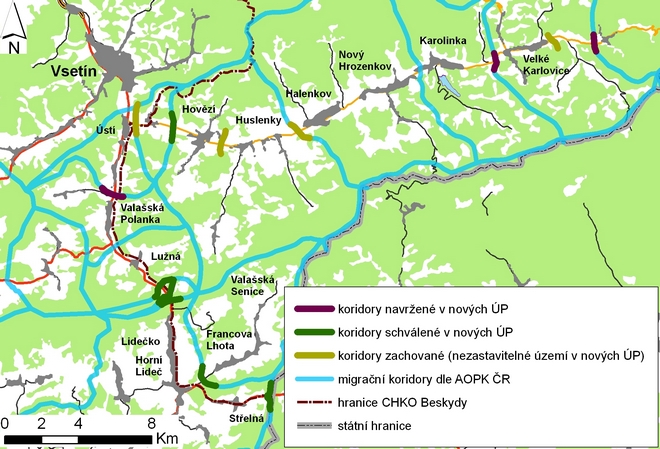 Mapa migračních koridorů na Vsetínsku