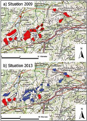Mapa chráněných stád v letech 2009 a 2013. Chráněná stáda jsou modrá, nechráněná červená.