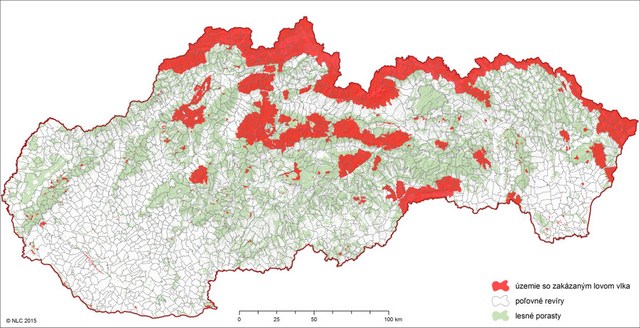 Mapa Slovenska s vyznačenými oblasti úplného zákazu lovu vlků (červeně). Zdroj: NLC Mapa Slovenska s vyznačenými oblasti úplného zákazu lovu vlků (červeně). Zdroj: NLC