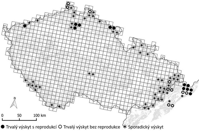 Výskyt vlka obecného 2012-2016 (zdoj: Kutal et al. 2017)